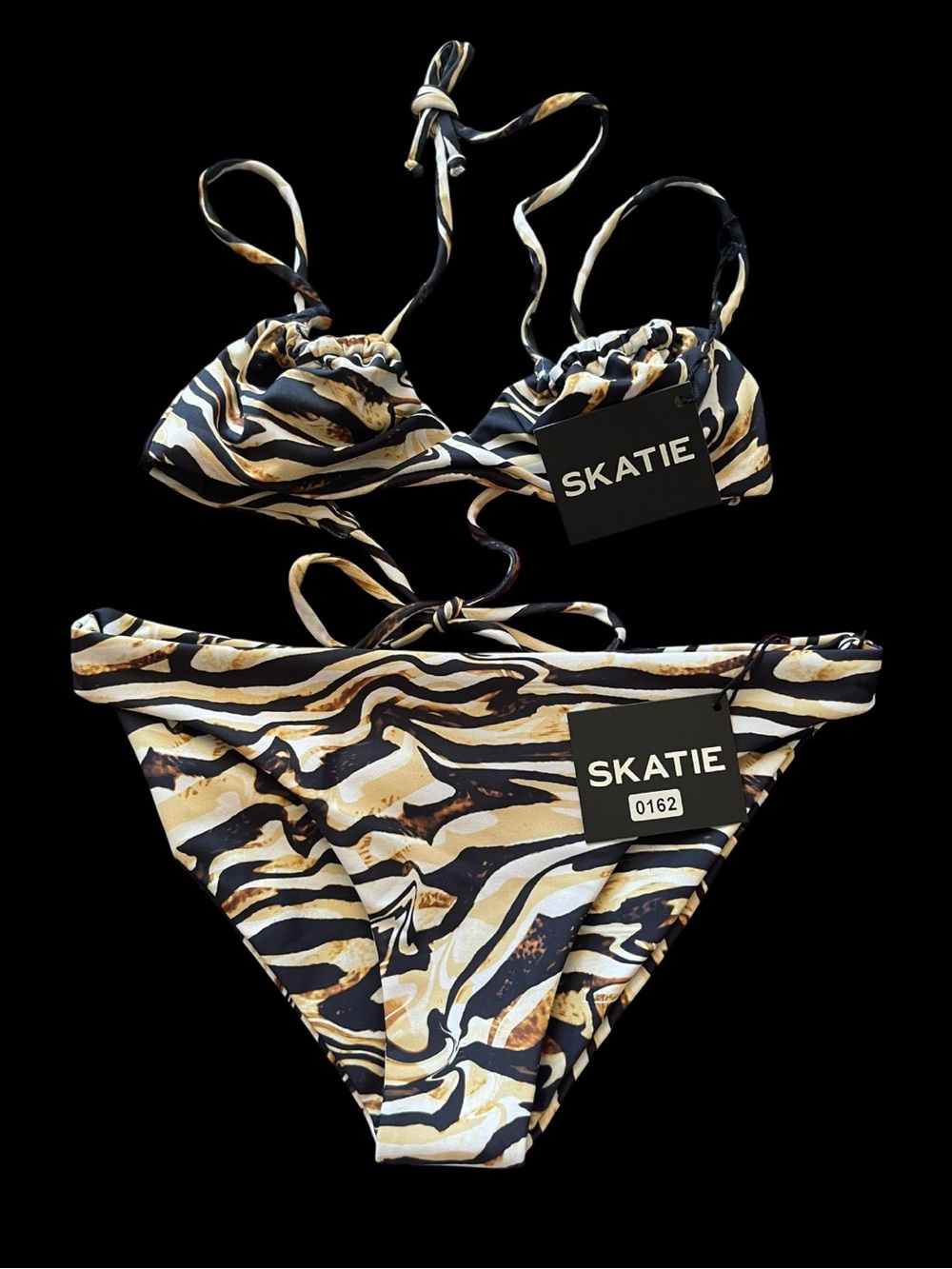 SKATIE Zebra Print Bikini Set XS Brown Black Triangle Top Cheeky Bottom NWT